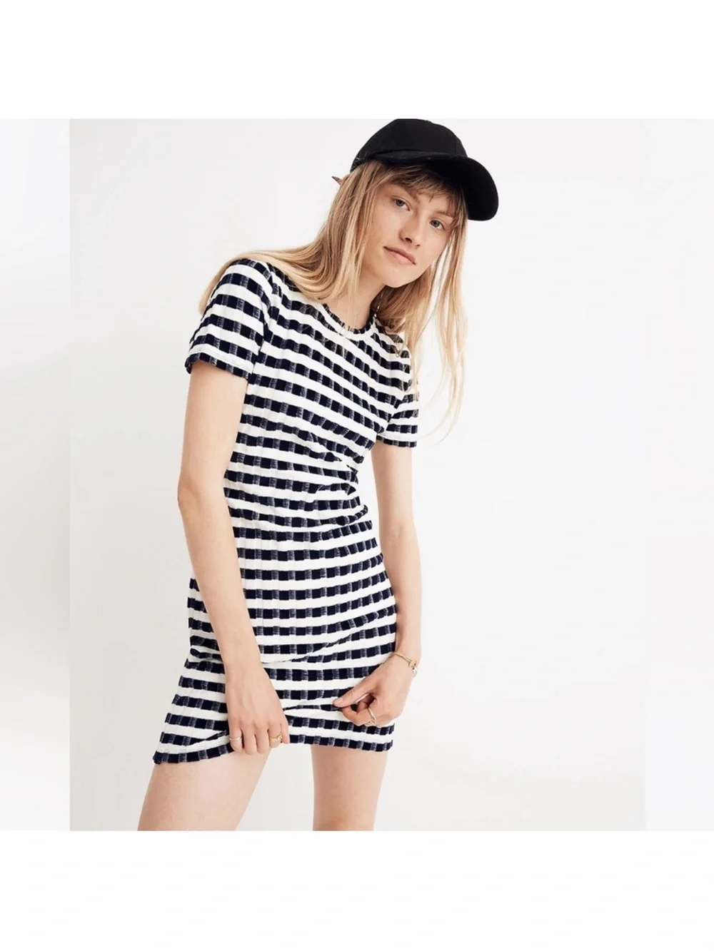Madewell Texture & Thread Velvet Striped Tee Dress blue white Small
